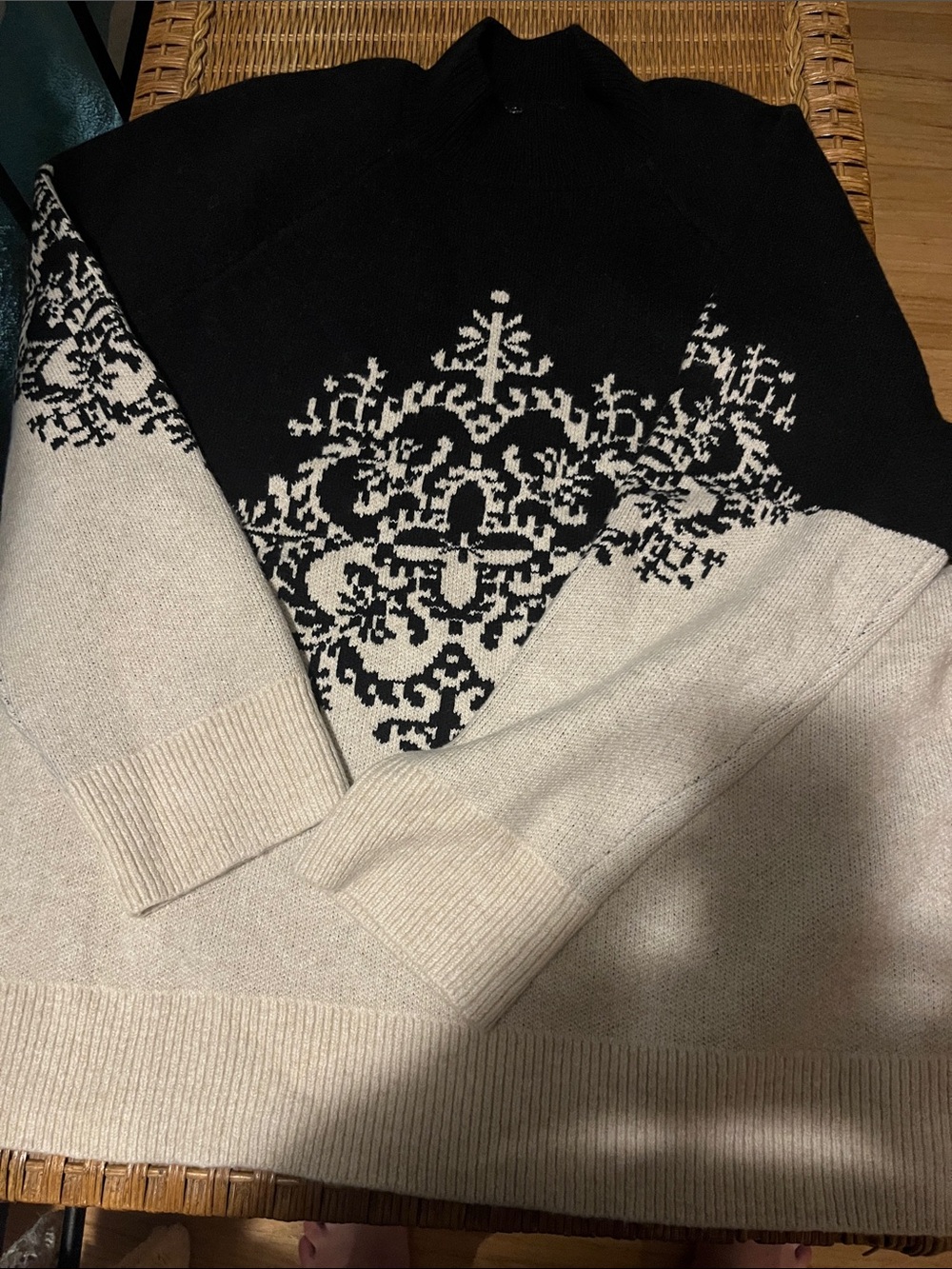 LOFT Black and Cream Fair Isle Crewneck Sweater